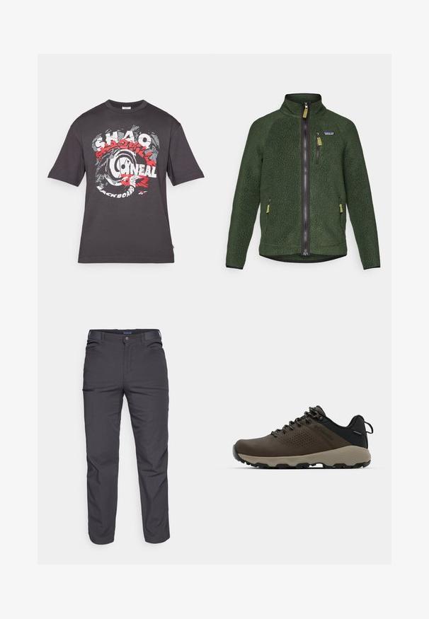 Jachetă din fleece verde închis, cu fermoar pe întreaga față și pe piept, buzunare laterale cu fermoar și un mic logo al mărcii pe partea stângă a pieptului.; T-shirt gri închis, din bumbac, având un grafic mare în roșu și alb care include text și un design circular. Mâneci sc shorter.; Pantaloni negri închis dintr-un material rezistent, cu un buzunar cu fermoar, croială dreaptă și bucle pentru curea pentru ajustarea potrivirii.; Adidași impermeabili maro, cu un superior texturat, accente perforate, suport pentru călcâie negru și o talpă din cauciuc gri. Șireturile au vârfuri metalice.