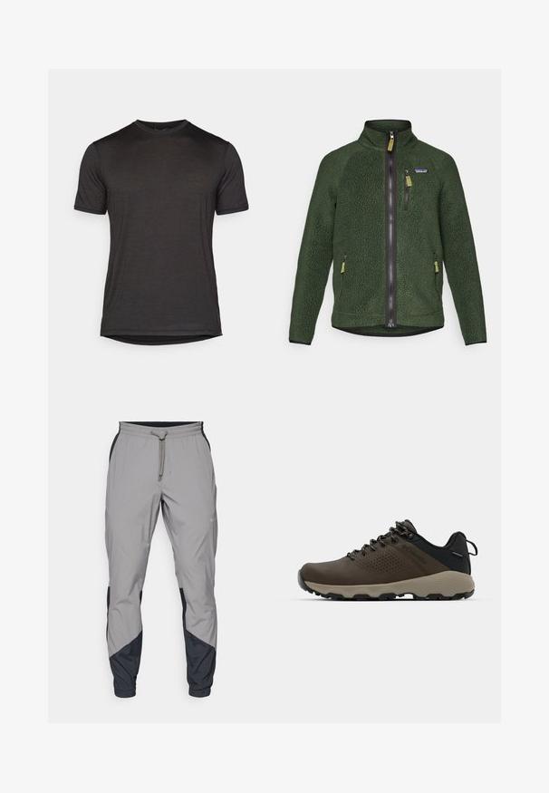 Mörkgrön fleecejacka med full front- och bröstdragkedja, sidofickor med dragkedja och en liten logotyp på vänster bröst.; Svart kortärmad t-shirt i lättviktigt material, med rundad halsringning och en mjuk yta samt en bågformad fåll.; Lätta, grå träningsbyxor med svarta detaljer. Elastisk midja, dragsko stängning, tapered design och sidofickor.; Bruna vattentåliga sneakers med en strukturerad ovandel, perforerade detaljer, svart hälstöd och en grå gummisula. Snörningen har metalliska ändar.