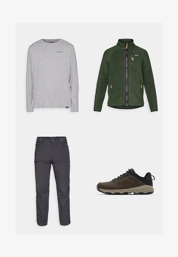 Dark green fleece jacket with full front and chest zipper, side zip pockets, and a small brand logo on the left chest.; Light gray long-sleeve t-shirt made of soft, textured fabric. Features a crew neck and a small blue Patagonia logo on the chest.; Dark gray trousers made of durable fabric, featuring a zippered pocket, straight cut, and belt loops for adjustable fit.; Brown waterproof sneakers with a textured upper, perforated accents, black heel support, and a grey rubber sole. Laces are styled with metallic ends.