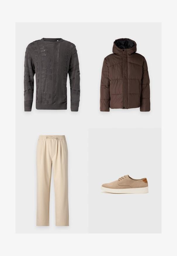 Giacca imbottita marrone con cappuccio, caratterizzata da una texture trapuntata, chiusura frontale con bottoni a pressione e tasche laterali. Foderata in tessuto nero.; Maglione lavorato a maglia grigio scuro con diversi modelli testurizzati, maniche lunghe e scollatura a girocollo. Il design è completato da orlo e polsini a costine.; Pantaloni beige con cintura elastica e cordino, design a gamba dritta e tessuto morbido e liscio.; Sneaker in suede beige con punta arrotondata, stringhe davanti e un accento testurizzato sul retro. La suola in gomma bianca offre un contrasto. Design semplice e moderno.