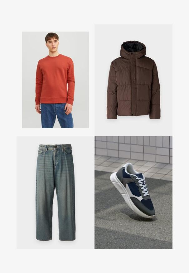 Brown padded jacket with a hood, featuring quilted texture, front snap closure, and side pockets. Lined with black fabric.; Jack & Jones JJESTAR BASIC CREW NECK - Sweatshirt - cinnabar; Light blue denim jeans with a loose fit, mid-rise waist, and straight legs. Features five pockets, belt loops, and a button closure.; Sneaker featuring a navy blue mesh upper, gray suede accents, white rubber sole, and flat white laces, designed for comfort and breathability.