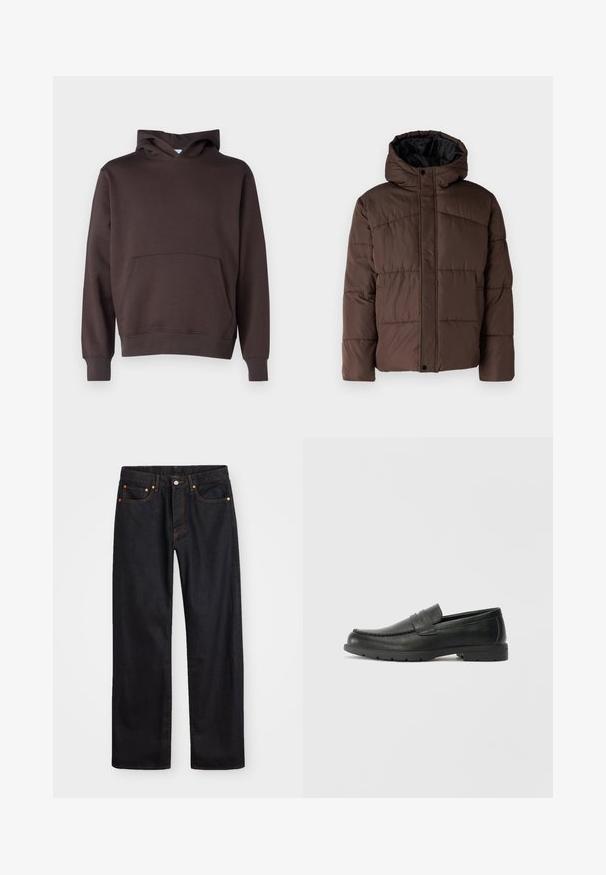 Giacca imbottita marrone con cappuccio, caratterizzata da una texture trapuntata, chiusura frontale con bottoni a pressione e tasche laterali. Foderata in tessuto nero.; Felpa con cappuccio marrone realizzata in un tessuto morbido, dotata di tasca frontale, polsini e orlo a coste, con una classica forma a trapezio.; Jeans neri in denim dritto da uomo con cinque tasche e cuciture arancioni, chiusura con bottone e zip sulla vita anteriore.; Mocassini neri in pelle con una finitura liscia, parte superiore in stile mocassino, dettagli cuciti e suola in gomma. Design classico con tacco basso.