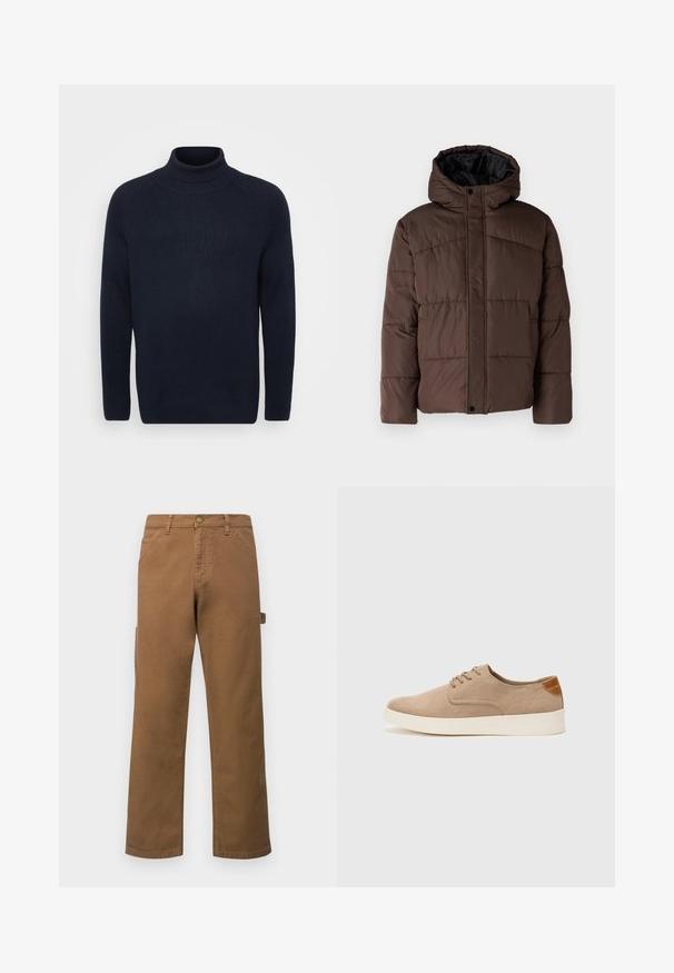Rudas paminkštas džemperis su gobtuvu, turintis siuvinėtą tekstūrą, priekyje užsegamas mygtukais ir su šoniniais kišenėmis. Iš vidaus pamuštas juoda medžiaga.; Jack & Jones JJPANNEL ROLL NECK - Džemperis - navy; Rudos medvilniniai cargo džinsai tiesiomis kojomis, su šoninėmis kišenėmis ir metaliniu mygtuko uždarymu ties liemeniu. Lygi tekstūra ir kasdieniškas dizainas.; Bežiniai zomšiniai sportbačiai su apvaliomis pirštų dalimis, raišteliais priekyje ir tekstūruotu užkulniu. Balta guma suteikia kontrastą. Paprastas ir modernus dizainas.