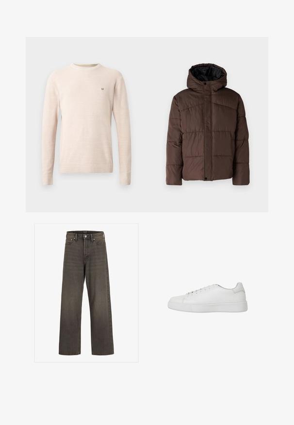 Pruun pehme vooder, millel on kapuuts, koos tikandsurvel tekstuuriga, eesnepp sulgemine ja küljetaskud. Vooder musta kangaga.; Beeži pikki varrukatega kootud sviater, millel on ümar kaelus ja väike pruun tikand vasakul rinnal, esitatud lihtsal taustal.; Laia säärtega sinimustad teksad tumeda halli denimi, kõrge talje, klassikalise viie tasku disaini ning kontrastsete õmblustega õmblustel.; Valged tossud, mis on valmistatud siledast nahast, ümarate varvastega, õmmeldud detailide ja lameda kummist tallaga. Minimalistlik disain, millel on lipsudega kinnitamine.