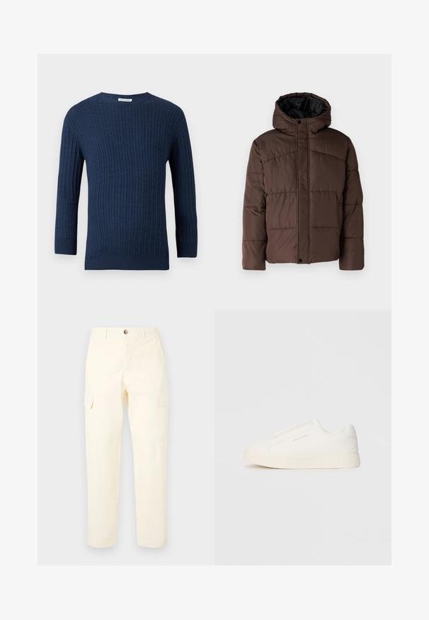 Rudas paminkštas džemperis su gobtuvu, turintis siuvinėtą tekstūrą, priekyje užsegamas mygtukais ir su šoniniais kišenėmis. Iš vidaus pamuštas juoda medžiaga.; Tamsiai mėlynas megztas džemperis pasižymi tekstūriniu briaunų raštu, apvaliu iškirpimu ir ilgomis rankovėmis. Pagamintas iš minkštos medžiagos su prigludusia siluetu.; Šviesiai geltonos medvilninės krovinių kelnes, su šoninėmis kišenėmis ir tiesiu kojų siluetu, su sagos uždarymu juosmens srityje.; Baltos slip-on sportbačiai su tekstūruota paviršiumi, storesniu padu ir minimalistišku dizainu. Šone matosi prekės ženklo logotipas.