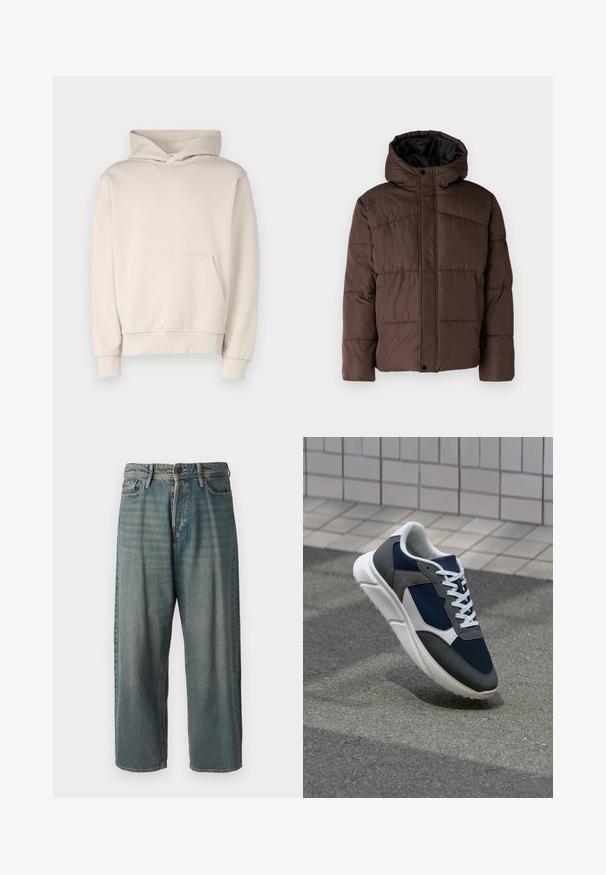 Rudas paminkštas džemperis su gobtuvu, turintis siuvinėtą tekstūrą, priekyje užsegamas mygtukais ir su šoniniais kišenėmis. Iš vidaus pamuštas juoda medžiaga.; Smėlinis bliuzonas, pagamintas iš minkšto audinio, su priekinėmis kišenėmis, raukšlėtomis rankovėmis ir kapisonu su virvele. Paprastas, nepuošnus dizainas.; Šviesiai mėlyni džinsai su laisvu siluetu, vidutinio aukščio juosmeniu ir tiesiomis kojomis. Su penkiais kišenėmis, diržo kilpo ir mygtukų uždarymu.; Sportiniai bateliai su tamsiai mėlynu tinkliniu viršumi, pilkais zomšiniais akcentais, balta guma padanga ir plokščiomis baltomis raištelėmis, sukurti komfortui ir oro pralaidumui.