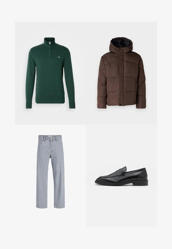 Giacca imbottita marrone con cappuccio, caratterizzata da una texture trapuntata, chiusura frontale con bottoni a pressione e tasche laterali. Foderata in tessuto nero.; GANT CASUAL HALF ZIP - Maglione - tartan green; Jeans in denim azzurro chiaro con vestibilità rilassata, design a gamba dritta, cuciture visibili, due tasche frontali e chiusura con bottone.; Mocassini in pelle nera con finitura liscia, caratterizzati da una punta tonda e una fascia stretta sulla parte superiore. Tacco basso impilato.