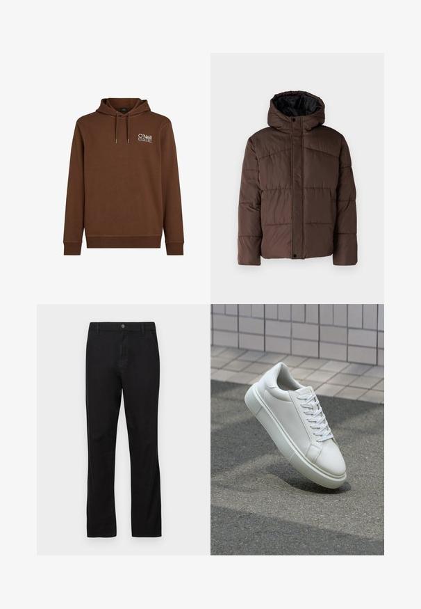 Pruun pehme vooder, millel on kapuuts, koos tikandsurvel tekstuuriga, eesnepp sulgemine ja küljetaskud. Vooder musta kangaga.; Pruun kapuutsiga sviiter, millel on valge logo vasakul üleval. Valmistatud pehmest kangast, ribatud varrukate ja äärega.; Mustadest puuvillast pükstest, millel on sirge jala disain, nupuga kinnitamine, ees ja taga taskud ning sile tekstuur.; Valge nahkline sneka, millel on sile pind, ümar varvas ja lame valge pael. Omab tekstuuriga kummist talla ja minimaalset kujunduselementi.