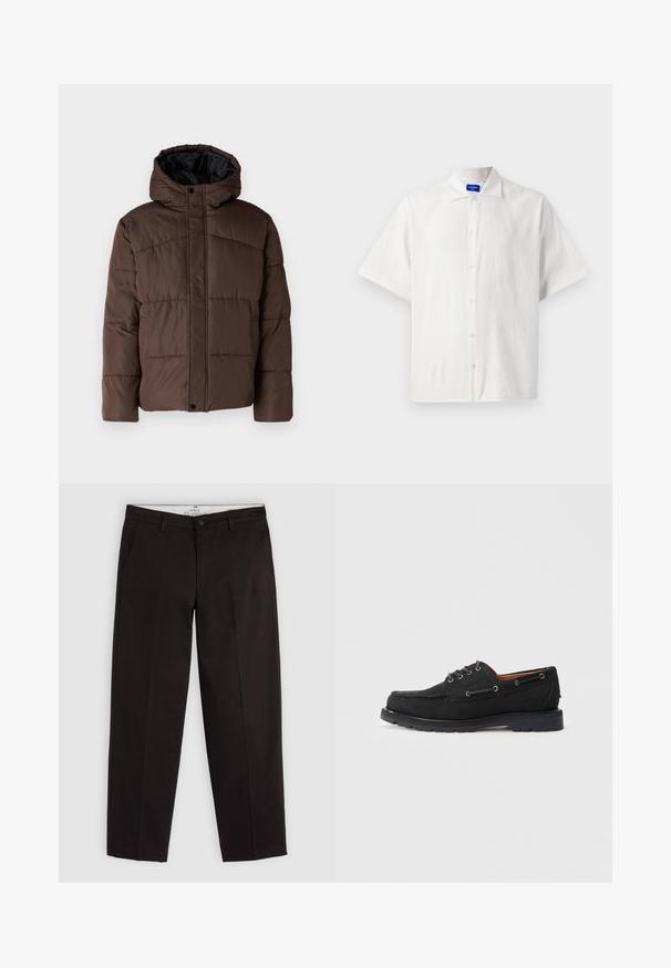 Braune gepolsterte Jacke mit Kapuze, mit gestepptem Muster, vorderem Druckknopfverschluss und seitlichen Taschen. Futter aus schwarzem Stoff.; Kurzarm, weißes Hemd mit Knöpfen, aus leichtem Stoff, mit klassischem Kragen und subtiler Textur. Die Knöpfe sind gleichmäßig platziert.; Schwarze Chinos mit geradem Bein, Gürtelschlaufen, Knopfverschluss und Seitentaschen, auf einem hellgrauen Hintergrund präsentiert.; Schwarze Wildlederbootsschuhe mit Schnürverschluss, metallenen Ösen, kontrastierendem Nähen und einer robusten Gummisohle für besseren Halt.