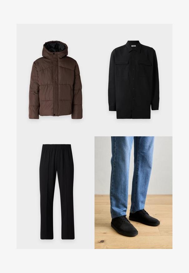 Brūna pūkaina jaka ar kapuci, ar quilted struktūru, priekšējo spiedpogu aizdari un sānu kabatām. Oderēta ar melnu audumu.; Melnā pogu krekla, kas izgatavota no gludas auduma, ar klasisku apkakli, divām priekšējām kabatām un garām piedurknēm ar pogu aprocēm.; Melni elastīgi bikses ar taisnas kājas dizainu, ar gludu tekstūru un bez redzamām zīmēm vai detaļām.; Melni zamšaini apavi ar zemu profilu un melnu gumijas zoli, apvienoti ar zilo džinsu biksēm. Redzami šņorēšanas un šuvju detaļas uz apaviem.