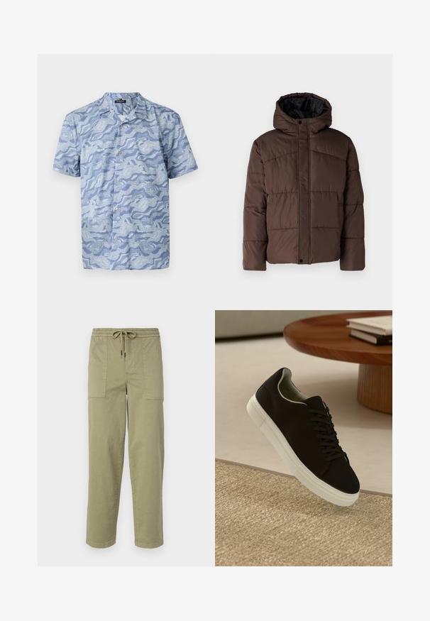 Rudas paminkštas džemperis su gobtuvu, turintis siuvinėtą tekstūrą, priekyje užsegamas mygtukais ir su šoniniais kišenėmis. Iš vidaus pamuštas juoda medžiaga.; Šviesiai mėlyna trumpomis rankovėmis marškinėliai su bangų raštu. Pagaminti iš minkštos medžiagos, turi mygtukinį užsegimą ir stovyklos stiliaus apykaklę.; Šviesiai alyvuogių žalios spalvos kelnės, pagamintos iš medvilnės mišinio, su elastingu liemeniu ir raišteliu, bei dviem didelėmis šoninėmis kišenėmis.; Juodas sportinis batelis su baltu padu, lekiančius virš smėlio spalvos tekstūruoto kilimo šalia apvalaus medinio stalo su sukrautomis knygomis.