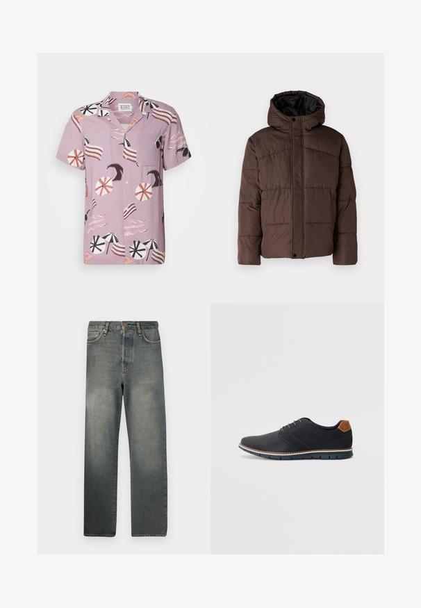 Brązowa pikowana kurtka z kapturem, z zapięciem na napy z przodu i bocznymi kieszeniami. Podszewka z czarnej tkaniny.; Koszulka krótko rękawowa w kolorze lawendowym z nadrukiem nawiązującym do plaży, zawierająca parasole, fale i paskowane akcenty. Zawiera kieszeń na piersi i guzik z przodu.; Jack & Jones JJIALEX JJCOOPER czarny denim; Czarne syntetyczne buty z fakturowaną cholewką, gładkimi akcentami, brązowym obcasem i kontrastującą podeszwą. Charakteryzują się minimalnym sznurowaniem i detalami w szwach.