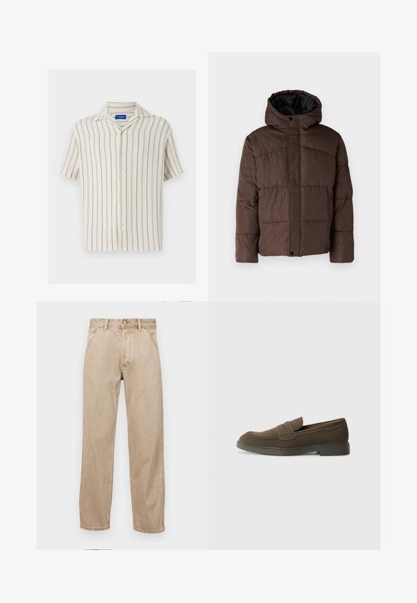 Brown padded jacket with a hood, featuring quilted texture, front snap closure, and side pockets. Lined with black fabric.; Short-sleeve shirt in cream with fine vertical stripes. Features a button-down front and a classic collar, crafted from textured fabric.; Beige denim jeans with a straight leg design, featuring front pockets, a metal button closure, and subtle texture.; Brown suede loafer with a rounded toe, a strap across the vamp, and a flat rubber sole. Simple design with clean lines and minimal detailing.