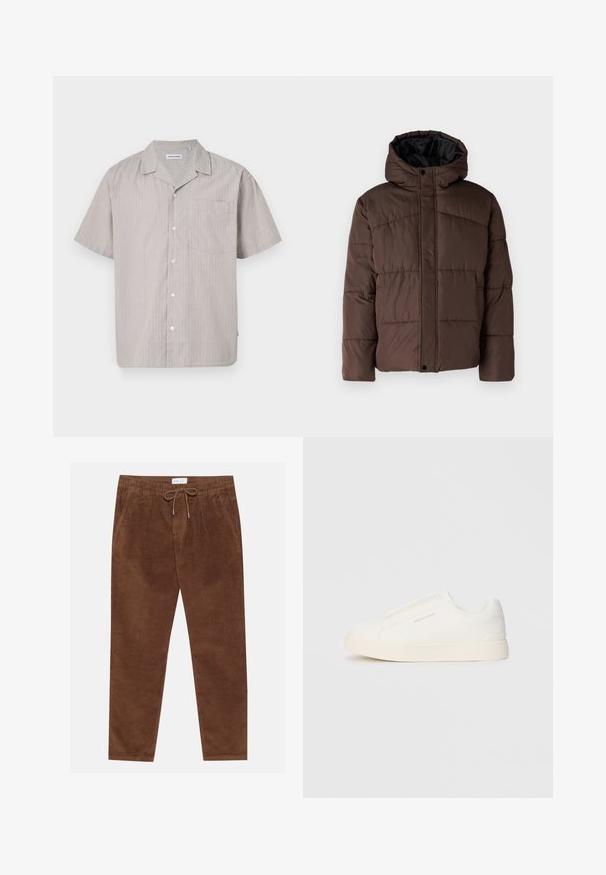 Rjava podložena jakna s kapuco, z nagubanimi teksturami, sprednjim zapiranjem na zaponko in stranskimi žepi. Oblazinjena z črno tkanino.; Majica s kratkimi rokavi v svetli bež barvi z navpičnimi črtami v modri in rjavi barvi. Ima gumbasto zapiranje spredaj in žep na prsih. Mehak tekstil.; Pier One Hlače - brown; Bele zapete brez vezalk z teksturirano površino, debelim podplatom in minimalističnim dizajnom. Na strani se nahaja logotip blagovne znamke.