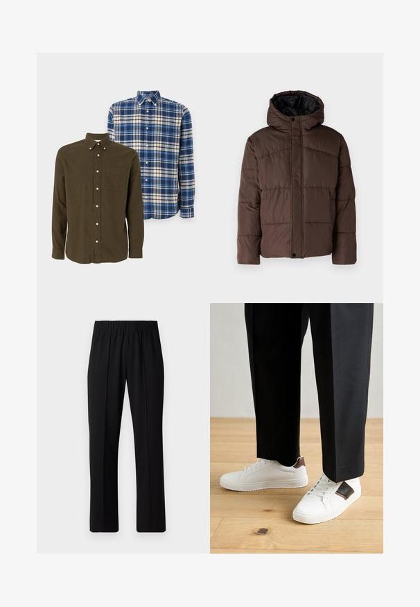 Rudas paminkštas džemperis su gobtuvu, turintis siuvinėtą tekstūrą, priekyje užsegamas mygtukais ir su šoniniais kišenėmis. Iš vidaus pamuštas juoda medžiaga.; Jack & Jones JPRBLUNORRIS 2 PACK - Marškiniai - peat/night sky; Juodos, elastingos juosmens kelnės su tiesiomis kojomis, turinčios lygų paviršių ir be matomų raštų ar detalių.; Balti sportbačiai su glotnia danga, puošti rudais odiniais akcentais ir juodais detalėmis, derinami su juodais pritaikytais kelnėmis. Medinių grindų fonas.
