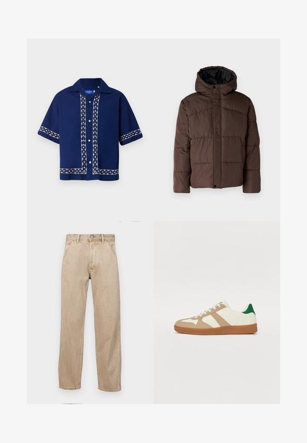 Brun vadderad jacka med huva, med kviltad struktur, framknappslås och sidofickor. Fodrad med svart tyg.; Marinblå kortärmad skjorta med vita broderade mönster längs fronten, kragen och ärmarna. Knapp-down design med en avslappnad passform.; Beige denimjeans med rak passform, som har framfickor, metallknappstängning och subtil textur.; Sneakers med ovandel i vitt läder, beige mockaöverdrag, grön hälaccent och en texturerad gummisul. Har tre beige ränder.