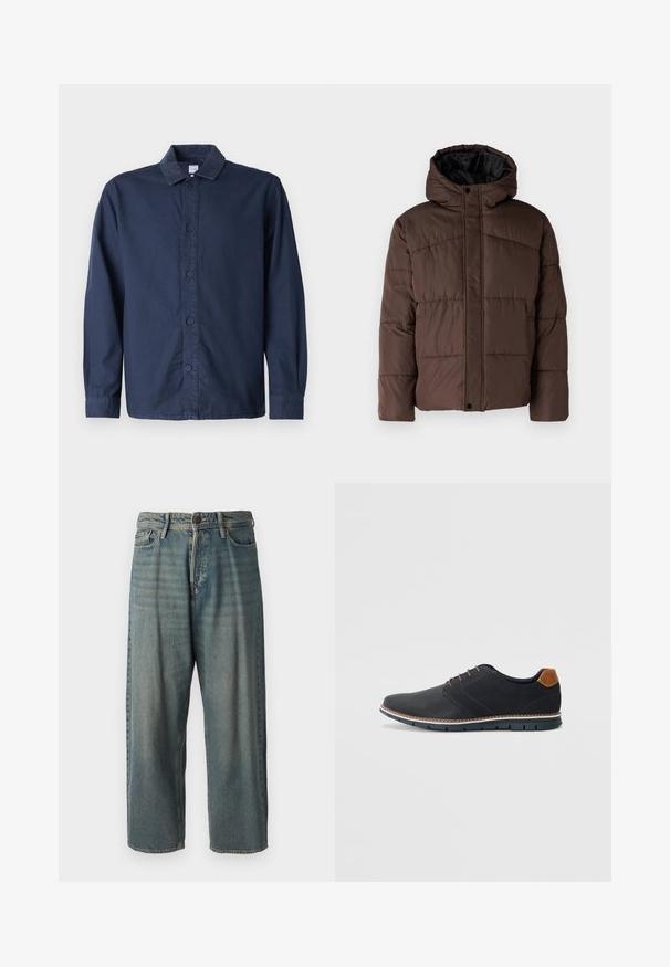 Brown padded jacket with a hood, featuring quilted texture, front snap closure, and side pockets. Lined with black fabric.; Navy button-up shirt with a corduroy collar, long sleeves, and a straight hem. Made of a smooth, breathable fabric.; Light blue denim jeans with a loose fit, mid-rise waist, and straight legs. Features five pockets, belt loops, and a button closure.; Black synthetic shoes with a textured upper, smooth accents, brown heel, and a contrasting sole. Features minimal lacing and stitch details.