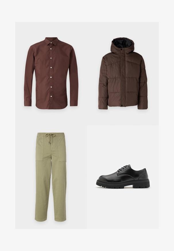 Bruine gewatteerde jas met capuchon, met een doorstikte structuur, voorzijde met drukknoopsluiting en zijzakken. Voering van zwarte stof.; Bruine langemouwen shirt van soepele katoen. Bevat een button-down kraag en knopen aan de voorkant met een smalle, op maat gemaakte pasvorm.; Licht olijfgroene broek van een katoenmix, met een elastische tailleband met trekkoord en twee grote zijzakken.; Zwarte leren schoenen met een ronde neus, vetersluiting en een dikke, gestructureerde rubberen zool. Kenmerken zijn stiksels langs de rand en een gladde afwerking.