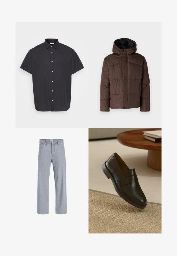 Brun vadderad jacka med huva, med kviltad struktur, framknappslås och sidofickor. Fodrad med svart tyg.; Kortärmad svart skjorta med knappar, tillverkad av lätt material, med en klassisk krage och vita knappar längs fram.; Ljusblå denimjeans med en avslappnad passform, rak bendesign, synlig sömnad, två framtida fickor och knappstängning.; Svart läderloafer med en slät yta, rund tå och ett dekorativt band över ovansidan. Låg gummihäl, placerad mot en strukturerad yta.