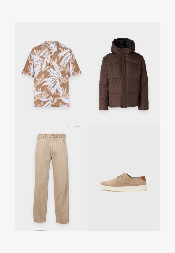 Giacca imbottita marrone con cappuccio, caratterizzata da una texture trapuntata, chiusura frontale con bottoni a pressione e tasche laterali. Foderata in tessuto nero.; Camicetta marrone a maniche corte con bottoni, caratterizzata da motivi di foglie tropicali bianche, realizzata in tessuto leggero con una vestibilità rilassata e colletto classico.; Jeans in denim beige con un design a gamba dritta, dotati di tasche frontali, chiusura con bottone metallico e una texture delicata.; Sneaker in suede beige con punta arrotondata, stringhe davanti e un accento testurizzato sul retro. La suola in gomma bianca offre un contrasto. Design semplice e moderno.
