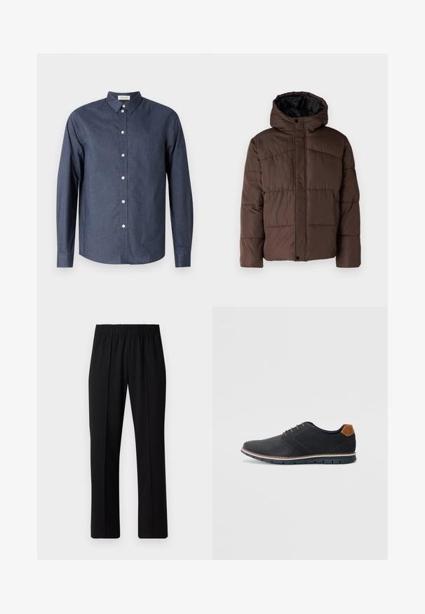 Brown padded jacket with a hood, featuring quilted texture, front snap closure, and side pockets. Lined with black fabric.; Navy blue long-sleeve button-up shirt made from smooth fabric; features a classic collar, white buttons, and a curved hemline.; Black, elastic-waist trousers with a straight-leg design, featuring a smooth texture and no visible patterns or hardware.; Black synthetic shoes with a textured upper, smooth accents, brown heel, and a contrasting sole. Features minimal lacing and stitch details.