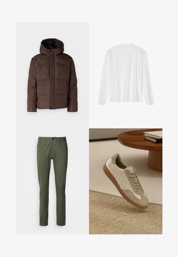 Rudas paminkštas džemperis su gobtuvu, turintis siuvinėtą tekstūrą, priekyje užsegamas mygtukais ir su šoniniais kišenėmis. Iš vidaus pamuštas juoda medžiaga.; Ilgos rankovės baltas medvilnės marškinėliai su apvaliu kaklu ir raukšlėtomis rankovėmis. Paprastas, be puošmenų dizainas, turintis lygią tekstūrą ir standartinę prigludimą.; Alyvų žalios spalvos džinsai, pagaminti iš medvilnės mišinio, su klasikiniu tiesiu kirpimu, penkiomis kišenėmis ir metaliniu sagčiu. Sklandus paviršius.; Lengvas sportinis batelis su baltu odiniu viršumi, su kreminėmis zomšos detalėmis, apvalia nosimi ir tekstūruotu rudu guminio padu.