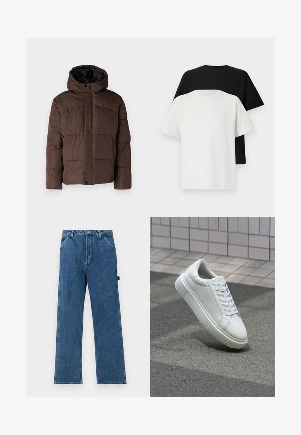 Chaqueta marrón acolchada con capucha, que presenta un textura acolchada, cierre de botones en la parte delantera y bolsillos laterales. Forrada con tela negra.; Conjunto de camisetas de algodón que incluye una camiseta negra y una blanca, ambas con mangas cortas, escote redondo y corte estándar. Tejido texturizado.; Jeans de mezclilla azul con corte recto, que presentan una cintura alta, diseño de cinco bolsillos y un ligero desgaste en la tela.; Zapatilla de cuero blanca con una superficie lisa, punta redonda y cordones blancos planos. Presenta una suela de goma texturizada y elementos de diseño mínimos.