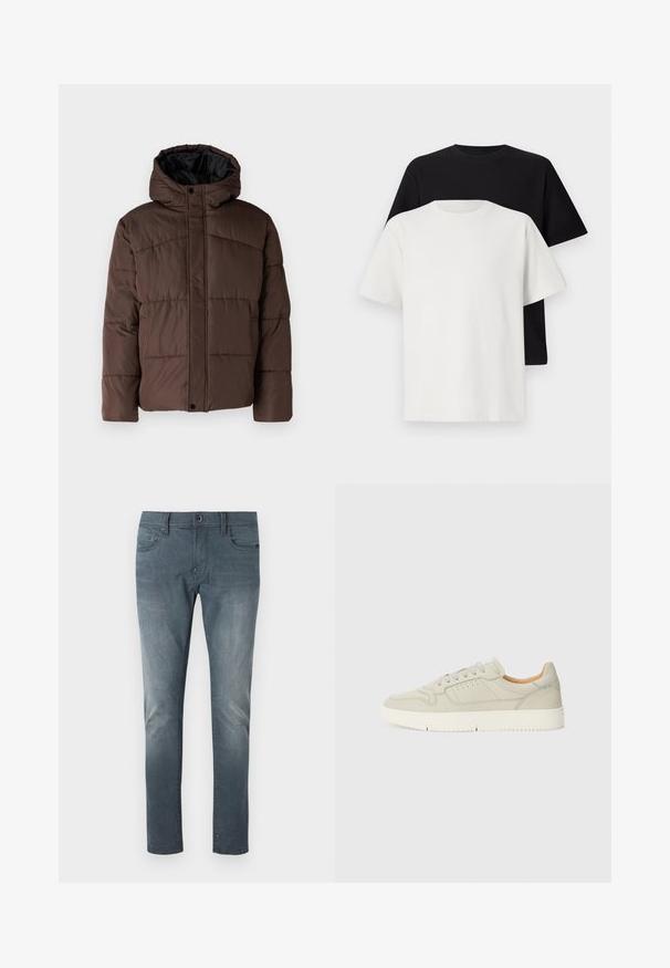 Rudas paminkštas džemperis su gobtuvu, turintis siuvinėtą tekstūrą, priekyje užsegamas mygtukais ir su šoniniais kišenėmis. Iš vidaus pamuštas juoda medžiaga.; Medvilniniai marškiniai, kuriuos sudaro juodas ir baltas marškinėliai, abu su trumpomis rankovėmis, apvaliu iškirpimu ir standartiniu sijonu. Tekstūruota medžiaga.; Išblukę mėlyni džinsai su tiesiu siluetu, turintys klasikinį penkių kišenių dizainą, mygtuko uždarymą ir švelnius plauko efektus.; Šviesiai pilki odiniai sportbačiai su lygiomis raišteliais, perforuotomis detalėmis ir tekstūruotu guminiu padu. Paprastas dizainas su minkštu vidiniu pamušalu.