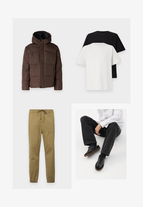 Brown padded jacket with a hood, featuring quilted texture, front snap closure, and side pockets. Lined with black fabric.; Cotton t-shirt set featuring a black top and a white top, both with short sleeves, round neckline, and standard fit. Textured fabric.; Light khaki jogger pants with elastic waistband, adjustable drawstring, tapered legs, and elastic cuffs. Smooth, breathable fabric.; Black sneakers with a smooth and textured upper, featuring a rubber sole and dark laces. Paired with black jeans and a white striped shirt.