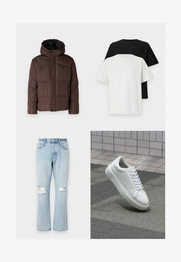Brūna pūkaina jaka ar kapuci, ar quilted struktūru, priekšējo spiedpogu aizdari un sānu kabatām. Oderēta ar melnu audumu.; Kokvilnas T-kreklu komplekts, kas sastāv no melna un baltā T-krekla, abi ar īsām piedurknēm, apaļu kakla izgriezumu un standarta piegriezumu. Faktūras audums.; Gaiši zili nolietoti džinsi ar caurumiem pie ceļiem, taisna griezuma kājām, piecām kabatām un zilo audumu ar izbalējušu tekstūru.; Baltas ādas sporta apavi ar gludu virsmu, apaļu pirkstu un plakanām baltām šņorēm. Iezīmējas ar strukturētu gumijas zoli un minimālisma dizaina elementiem.