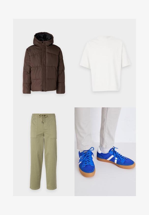 Brown padded jacket with a hood, featuring quilted texture, front snap closure, and side pockets. Lined with black fabric.; White short-sleeve t-shirt made of soft fabric. Round neckline, relaxed fit, and simple design without embellishments or patterns.; Light olive green pants made of cotton blend fabric, featuring an elastic waistband with drawstring, and two large side pockets.; Jack & Jones JFWMORDEN - Trainers - imperial blue