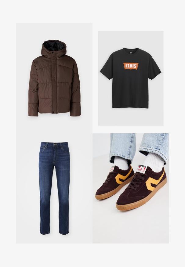 Brązowa pikowana kurtka z kapturem, z zapięciem na napy z przodu i bocznymi kieszeniami. Podszewka z czarnej tkaniny.; Czarny bawełniany t-shirt z dużym pomarańczowym logo Levi's z przodu, krótki rękaw i okrągły dekolt.; Ciemnoniebieskie dżinsy o prostym kroju, z klasycznym pięciopocketowym designem i metalowym zapięciem na guzik. Dyskretne efekty wypłowienia na tkaninie.; Ciemnonabrdowy zamszowy obuwie sportowe z żółtymi skórzanymi akcentami, gumową podeszwą i białymi sznurówkami. Logo widoczne na języku.
