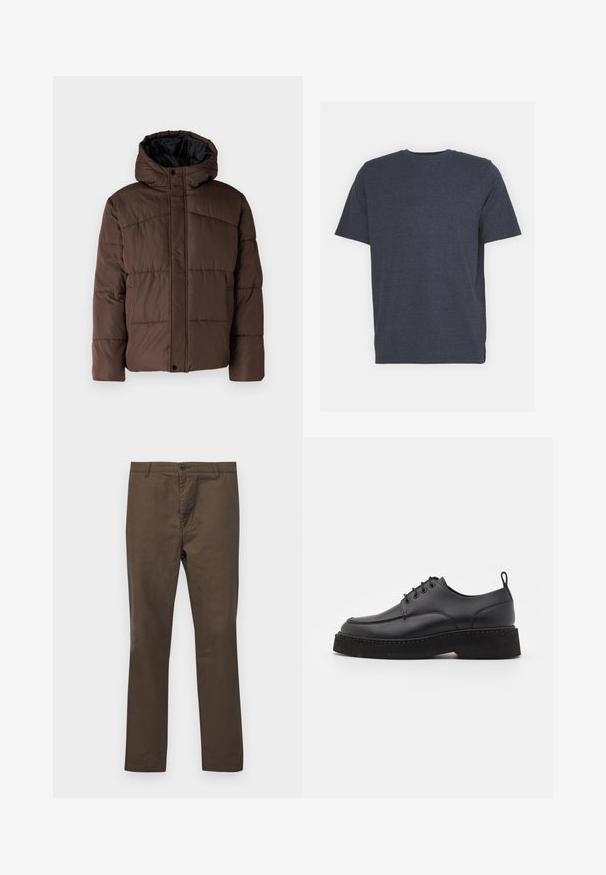 Brown padded jacket with a hood, featuring quilted texture, front snap closure, and side pockets. Lined with black fabric.; Navy blue crew neck t-shirt made of soft cotton blend fabric, with short sleeves and a regular fit. No visible patterns or accents.; Brown cotton trousers with a straight-leg design, featuring a button closure and belt loops, smooth texture without patterns or accents.; Black leather lace-up shoe with a rounded toe, thick black platform sole, and decorative stitching along the edge. Smooth texture.