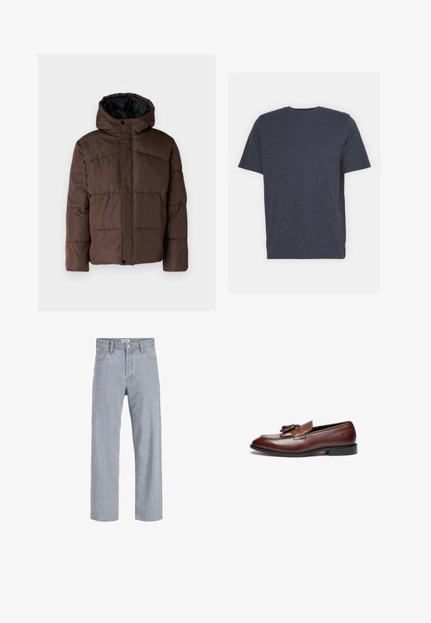 Ruskea vuorattu takki hupulla, jossa on kirjailtu pinta, etupainikkeet ja sivutaskut. Vuorattu mustalla kankaalla.; Navy blue crew neck t-paita, joka on valmistettu pehmeästä puuvillasekoitekankaasta. Lyhyet hihat ja normaali istuvuus. Ei näkyviä kuvioita tai yksityiskohtia.; Vaaleansiniset farkut rento istuvuus, suorat lahkeet, näkyvät saumat, kaksi etutaskua ja napitus.; Ruske kožne loafers cijenjive glatke površine, dekorativnim resicama, zaobljenim prstom i niskom crnom gumenom potplatu.