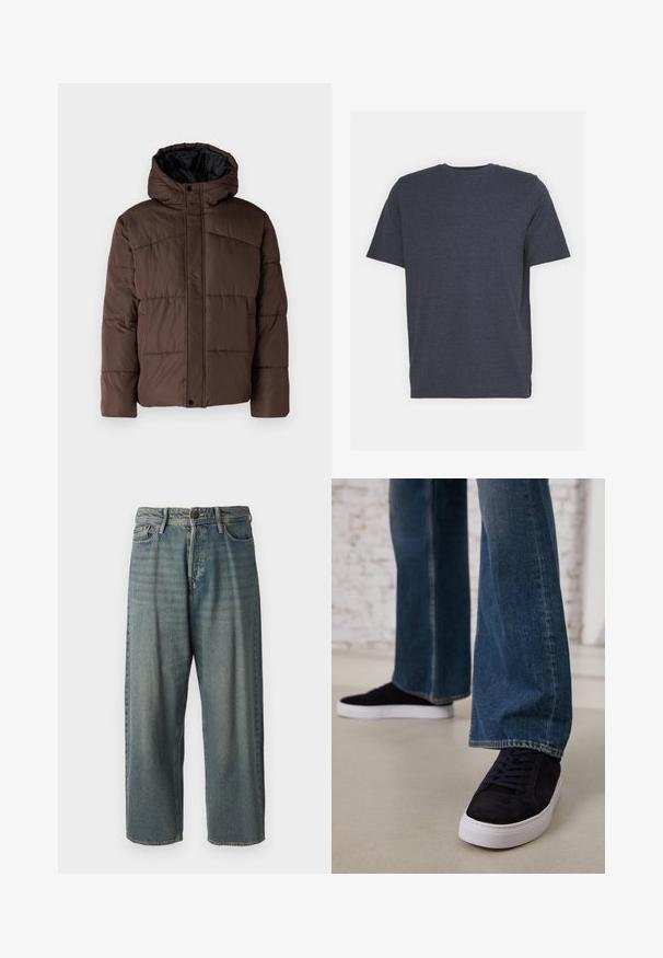 Brown padded jacket with a hood, featuring quilted texture, front snap closure, and side pockets. Lined with black fabric.; Navy blue crew neck t-shirt made of soft cotton blend fabric, with short sleeves and a regular fit. No visible patterns or accents.; Light blue denim jeans with a loose fit, mid-rise waist, and straight legs. Features five pockets, belt loops, and a button closure.; Dark blue suede sneakers with a white rubber sole and laces, paired with wide-leg denim jeans in a medium blue wash.