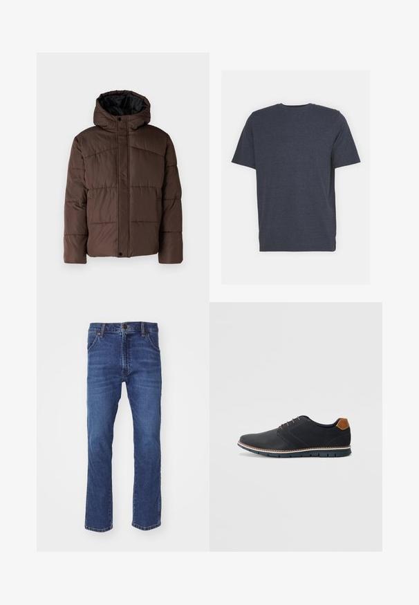 Smešasti smeđi kaput s kapuljačom, sa prošivenom teksturom, prednjim kopčanjem na dugmad i bočnim džepovima. Podstavljen crnom tkaninom.; Tamnoplava majica s kratkim rukavima, okruglog izreza, izrađena od mekog pamučnog materijala, s regularnim krojem. Nema vidljivih uzoraka ili akcenata.; Traperice u tamnoplavoj boji, s redovitim krojem, ravnim nogavicama, dizajnom s pet džepova i standardnim pojasom s prednjim zatvaračem na gumb.; Crne sintetičke cipele s teksturiranim gornjim dijelom, glatkim akcentima, smešnim petom i kontrastnom potplatom. Imaju minimalne vezice i detalje šivanja.