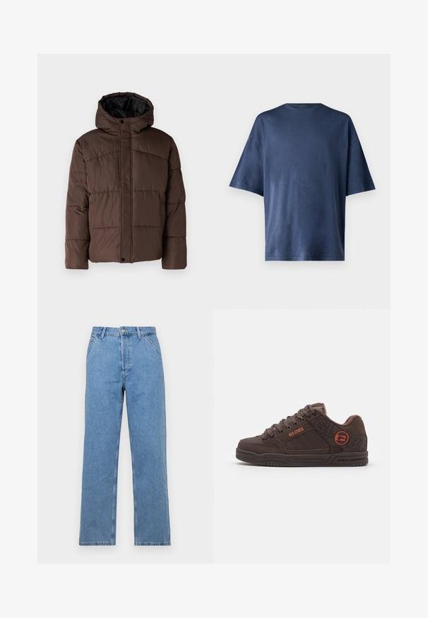 Giacca imbottita marrone con cappuccio, caratterizzata da una texture trapuntata, chiusura frontale con bottoni a pressione e tasche laterali. Foderata in tessuto nero.; Maglietta a maniche corte blu navy, realizzata in un tessuto morbido, presenta un classico colletto girocollo e una vestibilità comoda, senza motivi o dettagli visibili.; Jeans in denim blu chiaro a gamba dritta con un classico design a cinque tasche, dotati di chiusura frontale con bottone e passanti per cintura. Texture liscia.; Scarpe da skate marroni con collo imbottito, tomaia in pelle testurizzata e logo in rilievo. Caratterizzate da lacci spessi e suola in gomma con scanalature.