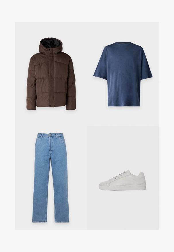 Veste matelassée marron avec capuche, présentant une texture matelassée, une fermeture à pression à l'avant et des poches latérales. Doublée de tissu noir.; T-shirt navy bleu à manches courtes, fabriqué en tissu doux, présente un col rond classique et une coupe décontractée, sans motifs ni accents visibles.; Jean en denim bleu clair à jambes droites avec un design classique à cinq poches, doté d'une fermeture à bouton à l'avant et de passants de ceinture. Texture lisse.; Baskets en cuir gris clair avec une texture lisse, bout arrondi, semelle en caoutchouc plate et lacets ton sur ton. Présente un minimalisme de la marque en doré.