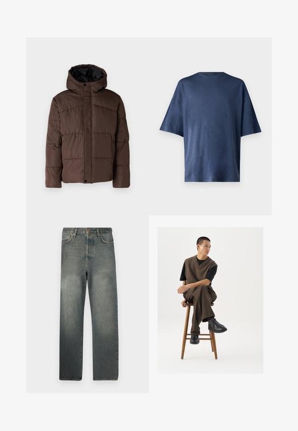 Brun polstret jakke med hette, med flettestruktur, frontlås med trykknapper og sidelommer. Fôret med svart stoff.; Marineblå kortermet T-skjorte, laget av myk stoff, har en klassisk rund hals og en avslappet passform, uten synlige mønstre eller aksenter.; Jack & Jones JJIALEX JJCOOPER - Baggy jeans - black denim; Brun strikket vest over en svart t-skjorte, kombinert med brune bukser med vidde og svarte kraftige sko, sittende på en trestige.