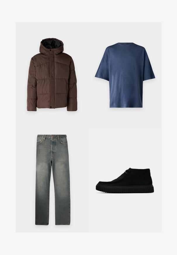 Brun polstret jakke med hette, med flettestruktur, frontlås med trykknapper og sidelommer. Fôret med svart stoff.; Marineblå kortermet T-skjorte, laget av myk stoff, har en klassisk rund hals og en avslappet passform, uten synlige mønstre eller aksenter.; Jack & Jones JJIALEX JJCOOPER - Baggy jeans - black denim; Sorte ankelstøvler laget av mykt materiale, med avrundet tå, minimal snøring, og en teksturert gummisåle med vertikale spor.