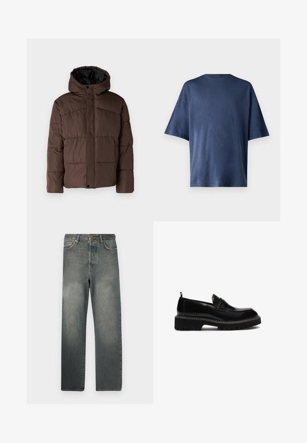 Rjava podložena jakna s kapuco, z nagubanimi teksturami, sprednjim zapiranjem na zaponko in stranskimi žepi. Oblazinjena z črno tkanino.; Temno modra kratka majica s kratkimi rokavi, izdelana iz mehkega materiala, ima klasičen kroj ovratnika in sproščen fit, brez vidnih vzorcev ali poudarkov.; Jack & Jones JJIALEX JJCOOPER - Vrečaste kavbojke - black denim; Črne usnjene čevlje za enostavno obuvanje z zaokroženim prstom, debelim strukturovanim podplatom, dekorativnim šivanjem in majhnim peto. Imajo zanko na hrbtu.