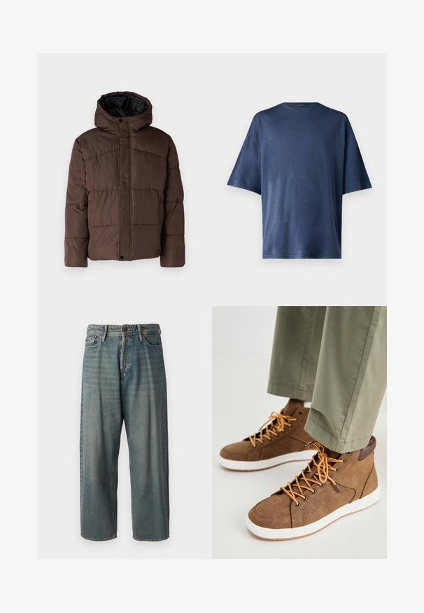 Smešasti smeđi kaput s kapuljačom, sa prošivenom teksturom, prednjim kopčanjem na dugmad i bočnim džepovima. Podstavljen crnom tkaninom.; Mornarsko plava kratka majica s kratkim rukavima, izrađena od mekog materijala, ima klasičan okrugli izrez i ležeran kroj, bez vidljivih uzoraka ili naglasaka.; Svijetloplave traperice s širokim krojem, srednjim pojasom i ravnim nogavicama. Ima pet džepova, petlje za remen i kopčanje na gumb.; Smeđe tužne tenisice visokog vrha napravljene od teksturiranog materijala, s narančastim vezicama, bijelim potplatom i smešnim kožnim detaljima. Uparene s zelenim hlačama.