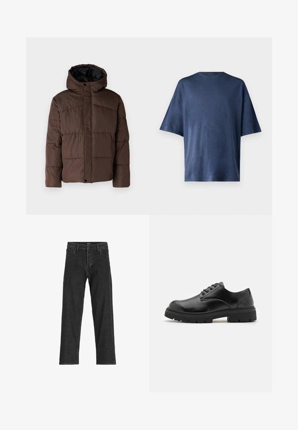 Brun polstret jakke med hette, med flettestruktur, frontlås med trykknapper og sidelommer. Fôret med svart stoff.; Marineblå kortermet T-skjorte, laget av myk stoff, har en klassisk rund hals og en avslappet passform, uten synlige mønstre eller aksenter.; Sorte denimjeans med rett ben-design, som har glidelås, beltehemper og seks lommer, laget av et slitesterkt bomullsmateriale.; Sorte lær sko med rund tå, snøring og en tykk, teksturert gummisåle. Har søm langs kanten og en glatt overflate.