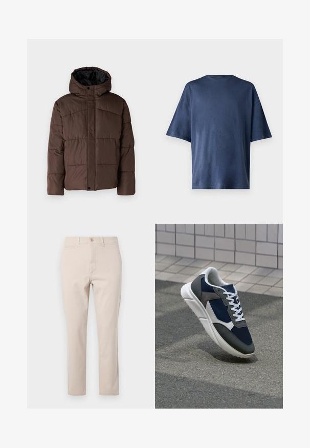 Braune gepolsterte Jacke mit Kapuze, mit gestepptem Muster, vorderem Druckknopfverschluss und seitlichen Taschen. Futter aus schwarzem Stoff.; Marineblaue Kurzarm-T-Shirt aus weichem Stoff, mit klassischen Rundhalsausschnitt und lockerer Passform, ohne sichtbare Muster oder Akzente.; Beige Baumwollhose mit geradem Schnitt, ausgestattet mit einem Frontknopfverschluss, Gürtelschlaufen und einer einzelnen Gesäßtasche. Glatte Textur.; Sneaker mit einem Obermaterial aus navyblauem Mesh, grauen Wildlederelementen, einer weißen Gummisohle und flachen weißen Schnürsenkeln, entworfen für Komfort und Atmungsaktivität.