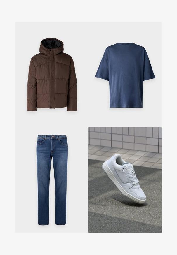 Rjava podložena jakna s kapuco, z nagubanimi teksturami, sprednjim zapiranjem na zaponko in stranskimi žepi. Oblazinjena z črno tkanino.; Temno modra kratka majica s kratkimi rokavi, izdelana iz mehkega materiala, ima klasičen kroj ovratnika in sproščen fit, brez vidnih vzorcev ali poudarkov.; Temno modri kavbojke iz denima s ravnim krojem, petimi žepi in kontrastnim šivanjem. Zaključene z gumbom in zadrgo.; Bela usnjena superga s perforiranimi stranicami, teksturiranimi detajli, ravnimi vezalkami in kontrastno sivo peto. Ima rahlo dvignjen podplat.