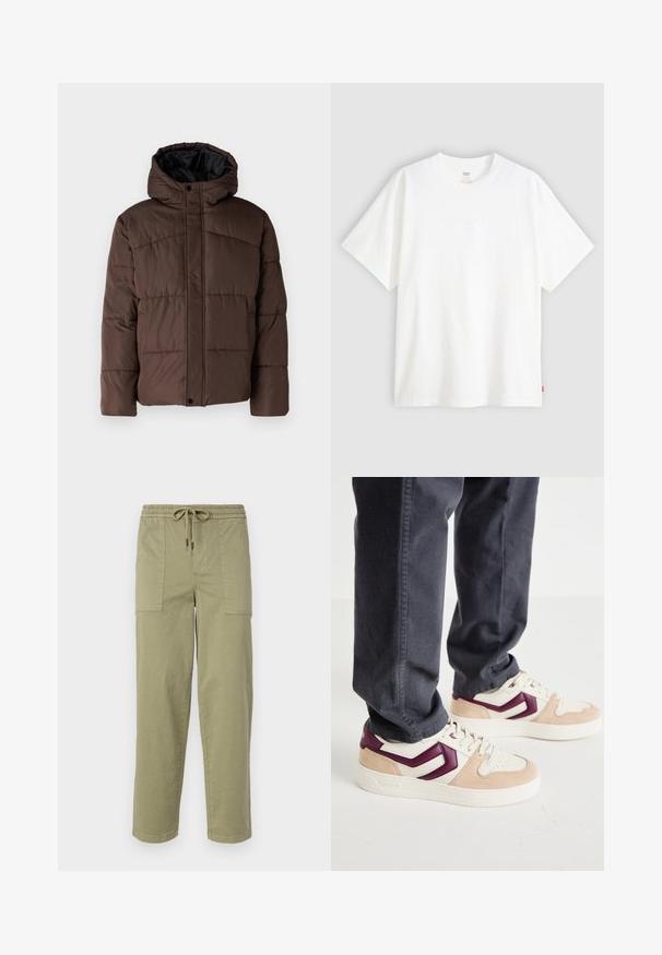 Brun polstret jakke med hette, med flettestruktur, frontlås med trykknapper og sidelommer. Fôret med svart stoff.; Hvit t-skjorte med korte ermer laget av bomull, med rund hals. Har diskret preget logo detalj foran og en rød etikett på kanten.; Lys olivengrønne bukser laget av bomullsblandingsstoff, med elastisk midje og snor, samt to store sidelommer.; Sko med kremfarget overdel, rosa semsket aksenter og maroon geometrisk design. Tykk hvit såle og snøring med teksturert detalj.