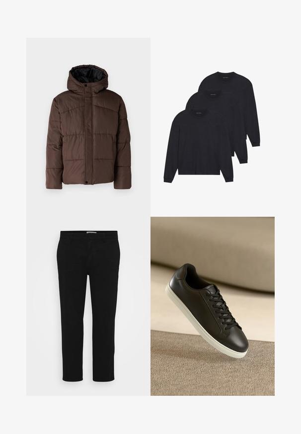 Rudas paminkštas džemperis su gobtuvu, turintis siuvinėtą tekstūrą, priekyje užsegamas mygtukais ir su šoniniais kišenėmis. Iš vidaus pamuštas juoda medžiaga.; Trys juodi ilgomis rankovėmis marškiniai, pagaminti iš minkštos medžiagos, su apvaliais kaklo iškirpimais ir prigludusiomis rankovėmis. Minimalistinis dizainas be matomų raštų.; Juodi medvilniniai kelnių, tiesaus kirpimo, su frontalinėmis kišenėmis, mygtukiniu uždarymu ir švaria, lygia tekstūra. Nėra matomų raštų ar papuošimų.; Juodų odinių sportbačių su baltu guminiu padu ir juodomis raištelėmis nuotrauka, padėta ant šviesiai rudos tekstilės paviršiaus ir fono.