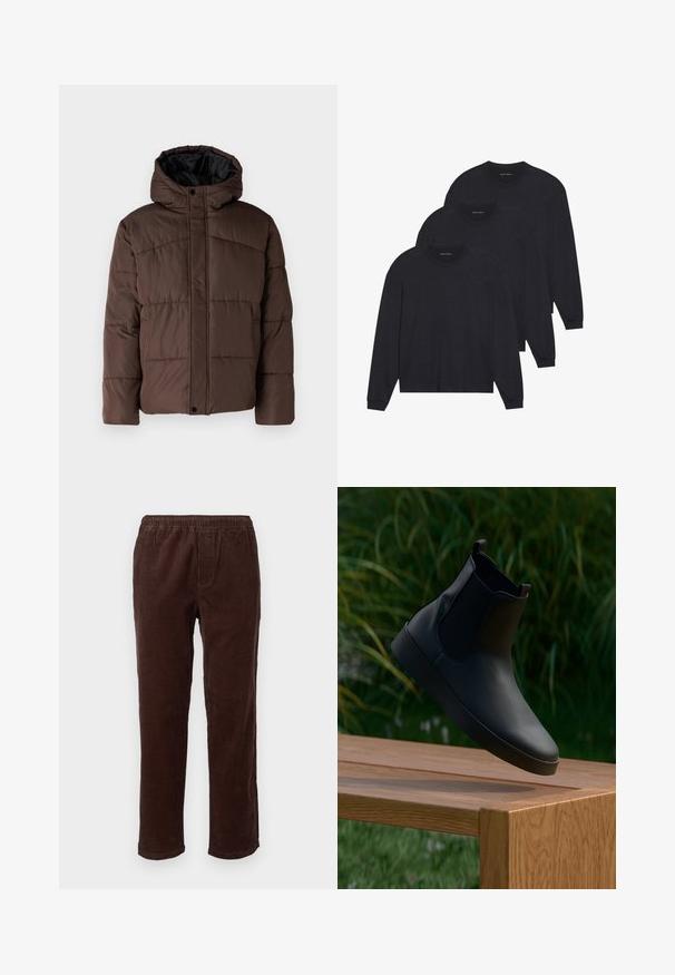 Braune gepolsterte Jacke mit Kapuze, mit gestepptem Muster, vorderem Druckknopfverschluss und seitlichen Taschen. Futter aus schwarzem Stoff.; Drei schwarze Langarmshirts aus weichem Stoff, mit Rundhalsausschnitten und eng anliegenden Ärmeln. Minimalistisches Design ohne sichtbare Muster.; Braune Cordhosen mit lässiger Passform, ausgestattet mit einem elastischen Bund und vertikaler Rippstruktur. Gerades Bein Design, keine Taschen.; Schwarzlederne Knöchelstiefel mit elastischen Seitenpanelen, glatter Textur, runder Zehe und flacher Sohle, platziert über einem Holztisch vor grüner Kulisse.