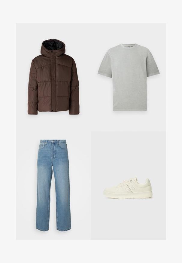 Veste matelassée marron avec capuche, présentant une texture matelassée, une fermeture à pression à l'avant et des poches latérales. Doublée de tissu noir.; T-shirt gris clair à manches courtes et col rond, présenté sur un fond blanc uni.; Jeans en denim bleu clair avec une taille haute, un design à jambes larges et une texture légèrement décolorée. Comprend des poches avant et une fermeture à glissière.; Sneaker couleur crème avec des détails perforés, des lacets et un logo sur le côté, présenté sur un fond blanc uni.