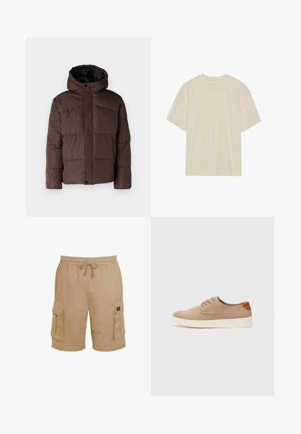 Bruine gewatteerde jas met capuchon, met een doorstikte structuur, voorzijde met drukknoopsluiting en zijzakken. Voering van zwarte stof.; Crème-kleurig t-shirt met korte mouwen, voorzien van een subtiele gestreepte textuur en een ronde halslijn, gemaakt van lichte stof.; Beige katoenen cargoshorts met een elastische tailleband, een trekkoord en meerdere zijzakken. Gestructureerde stof met gestikte accenten.; Beige suède sneakers met een ronde neus, vetersluiting aan de voorkant en een getextureerde achteraccent. De witte rubberen zool zorgt voor contrast. Eenvoudig en modern ontwerp.